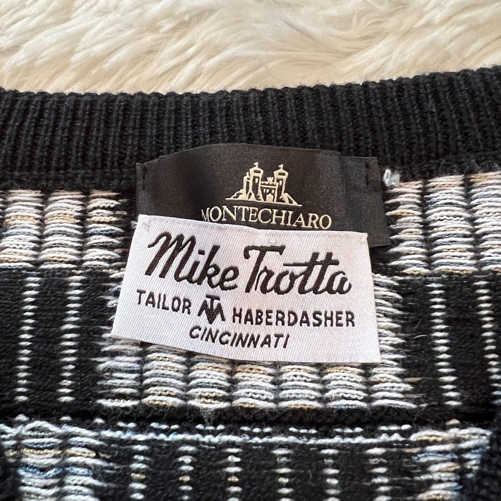 Vtg Montechiaro Mens Sweater Large Black Y2K Patchwork 3D Italy Grandpa 15820x - Picture 2 of 9
